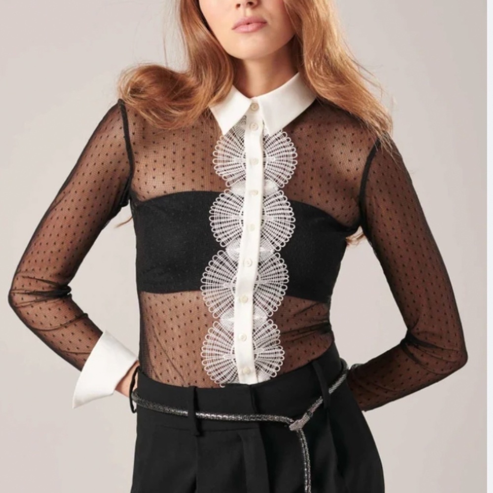 NEW Anne Fontaine LEOPOLDINE Black Sheer Lace Blouse - Size 44 (US 12)